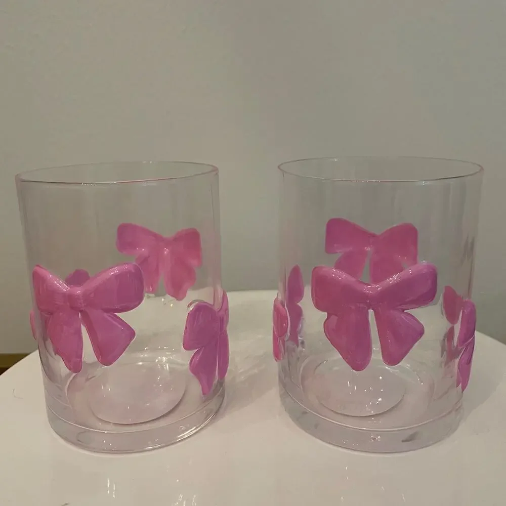 VIRAL Pink Bow Embossed Glass Clear Tumbler Cups Set of 2 NEW